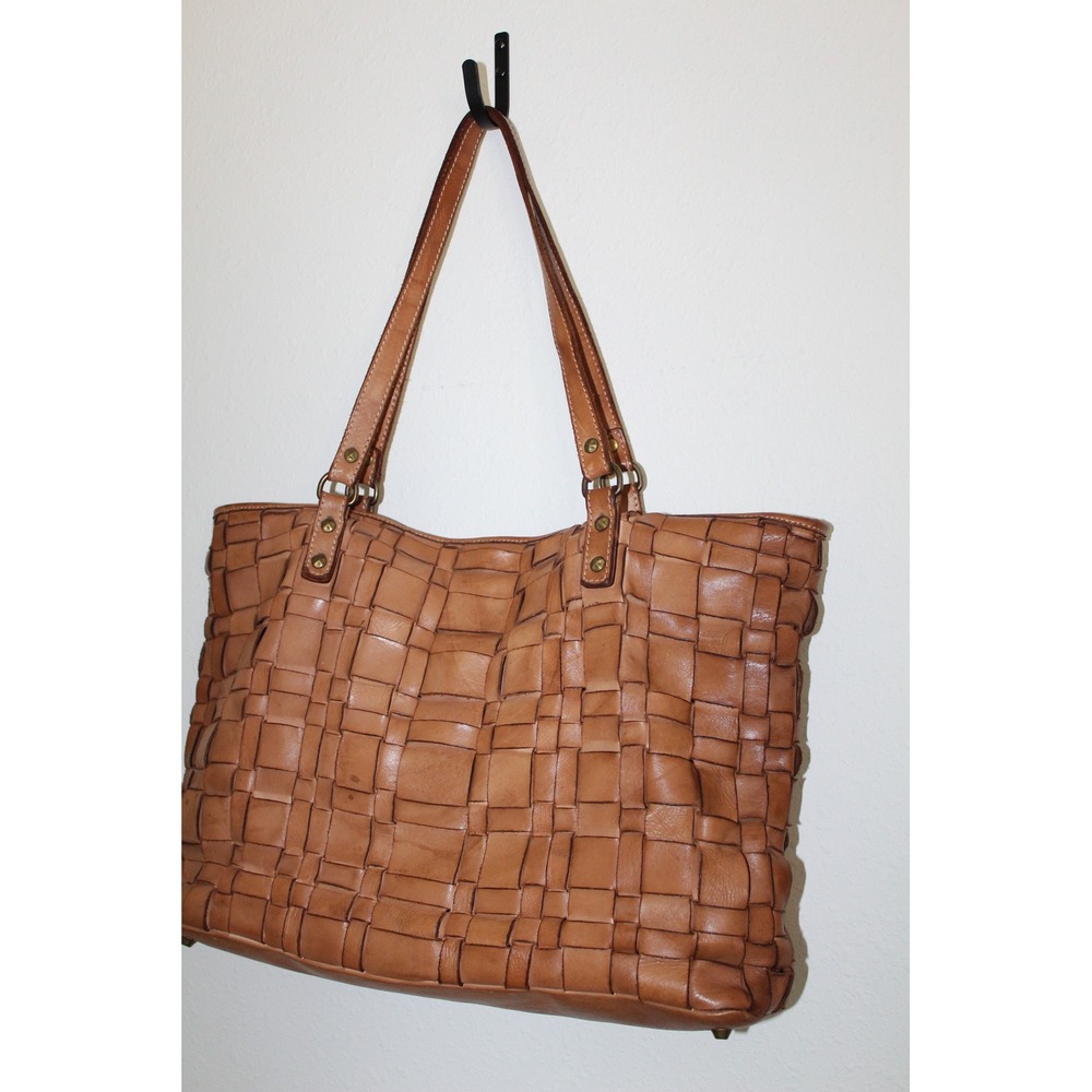 Costanza Rota Italian Leather Woven Tote Bag Tan Cognac Made in Italy Checker - Picture 2 of 12